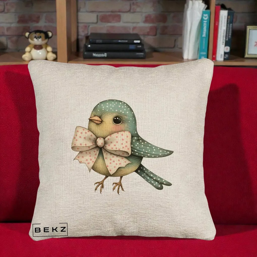 Perna Decorativa Pasare Teal cu Fundita cu Buline, 40x40 cm, Bej Canapea, Husa Detasabila, Perna Inclusa, BEKZ®