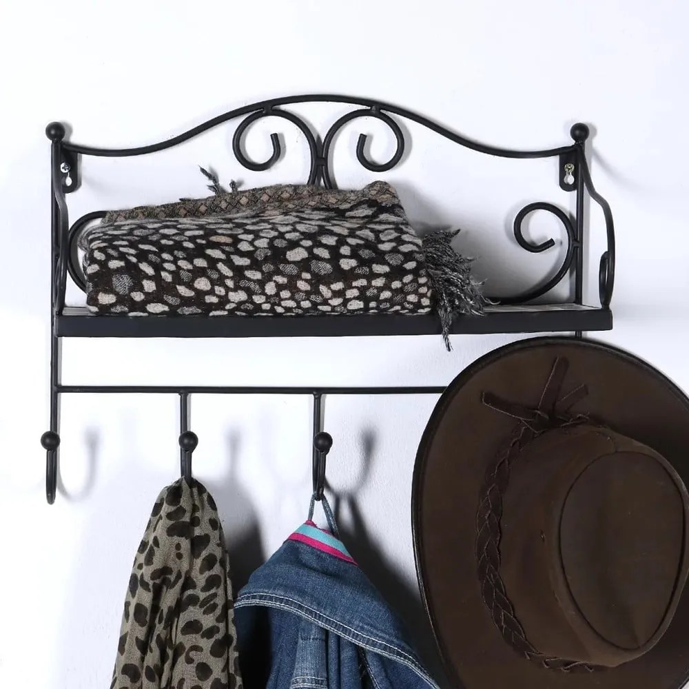 Cuier de perete negru cu raft din metal 42 cm Almeria – Garden Pleasure