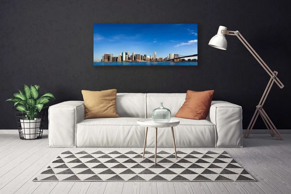 Tablou pe panza canvas Bridge City Case Gri Albastru Negru