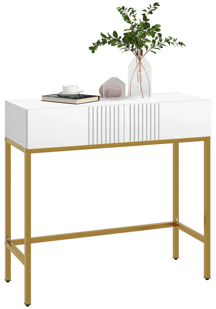 HOMCOM Masă Consolă cu 2 Sertare, Masă Modernă de Intrare cu Bază din Oțel în Ton Auriu, 80x31.5x75 cm, Alb | Aosom Romania