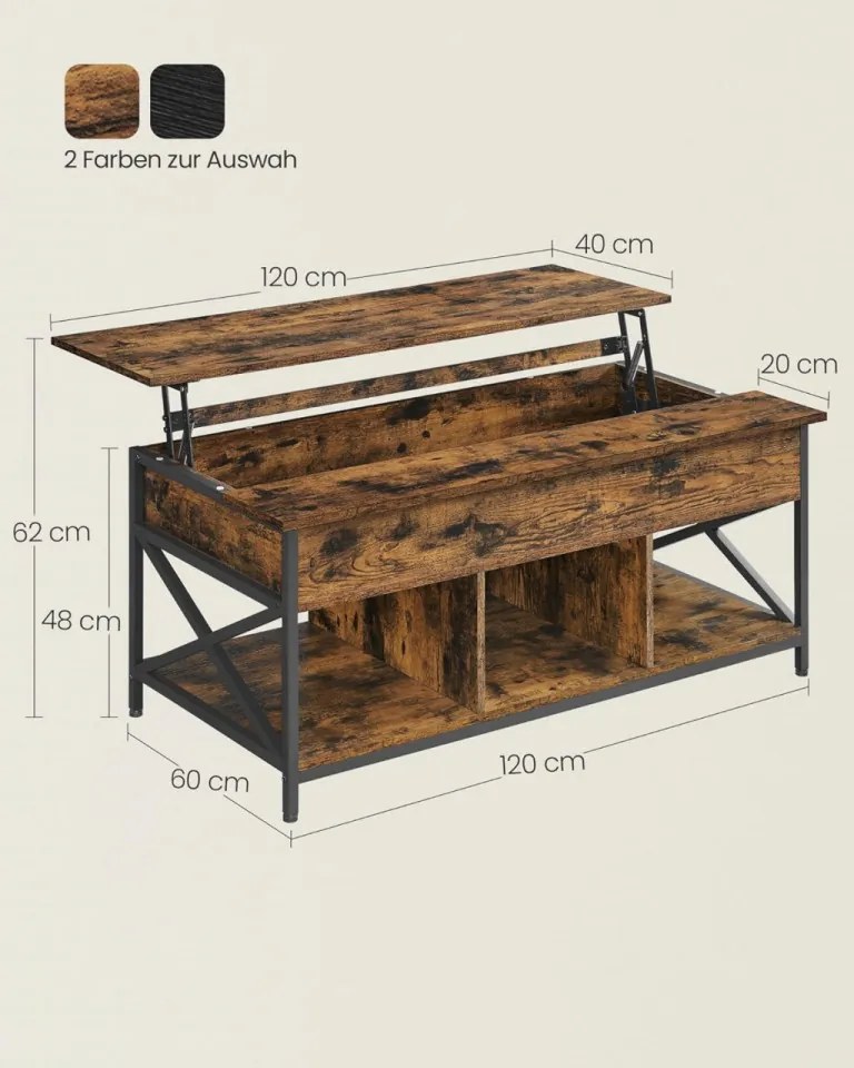 Masuta de cafea extensibila, 120 x 60 x 62 cm, metal / PAL, maro, Vasagle