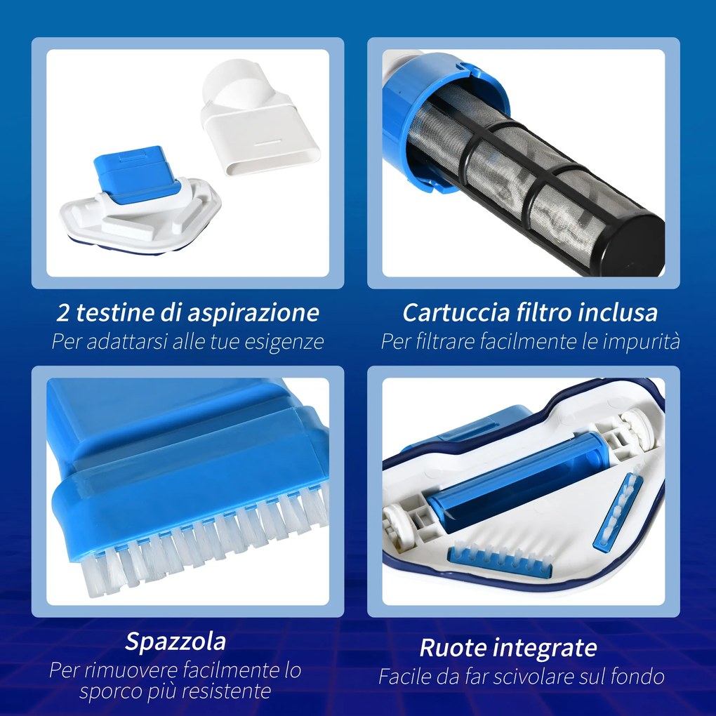 Outsunny Aspirator pentru Piscina Portabil Fara fir cu Stalp Telescopic si Cartus Filtru, 210x17x7cm, Alb si Albastru inchis