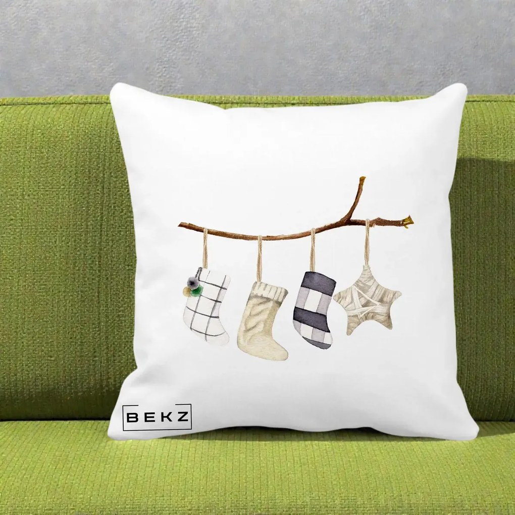 Perna Decorativa Ciorapi de Craciun pe Ramura, 40x40 cm, Alba Mata, Husa Detasabila, Perna Inclusa, BEKZ®