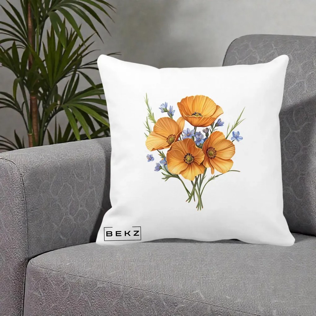 Perna decorativa cu flori: Maci Portocalii cu Floricele Albastre, 40x40 cm cu Umplutura, Alb Mat, BEKZ