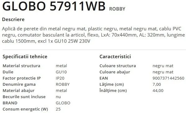 Aplica de perete cu spot directionabil design modern Robby negru