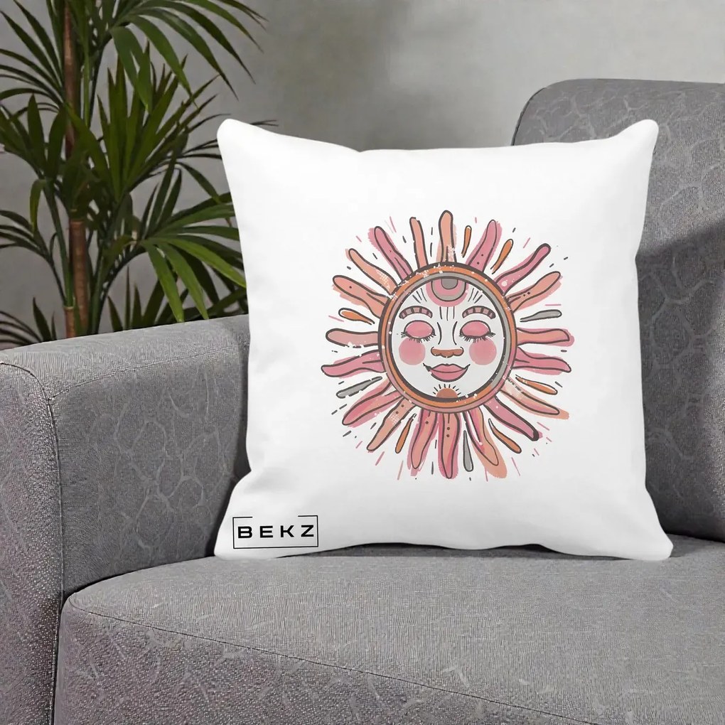 Perna Decorativa Soare Roz Tribal, 40x40 cm, Alba Mata, Husa Detasabila, Perna Inclusa, BEKZ®