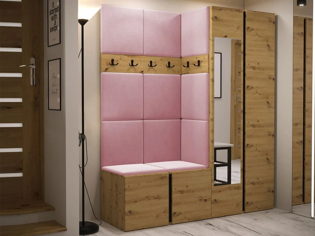 Mobilier hol Tovenaz XII (Stejar artisan + Negru + Roz) (cu oglindă). 1104816