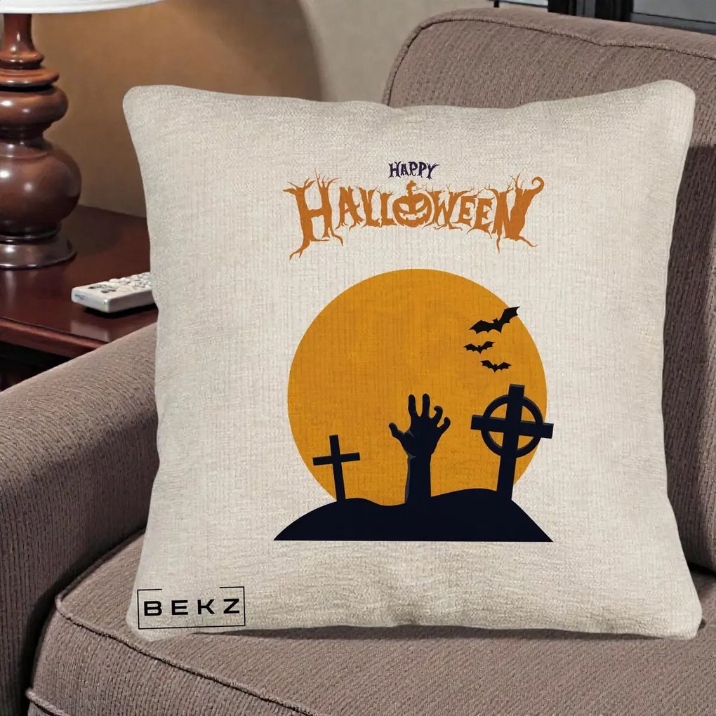 Perna Decorativa Happy Halloween Cimitir cu Luna, 40x40 cm, Bej Canapea, Husa Detasabila, Perna Inclusa, BEKZ®