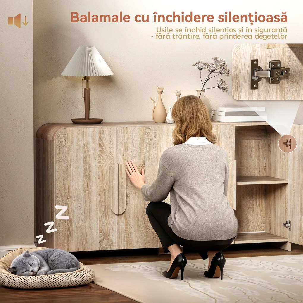 HOMCOM Comodă pentru Bucătărie, Mobilă cu Uși Soft-Close, Colțuri Rotunjite, Rafturi Reglabile, Stil Modern, Comodă pentru Living, Sufragerie, 157,4x39x82cm, Lemn Natural | Aosom Romania