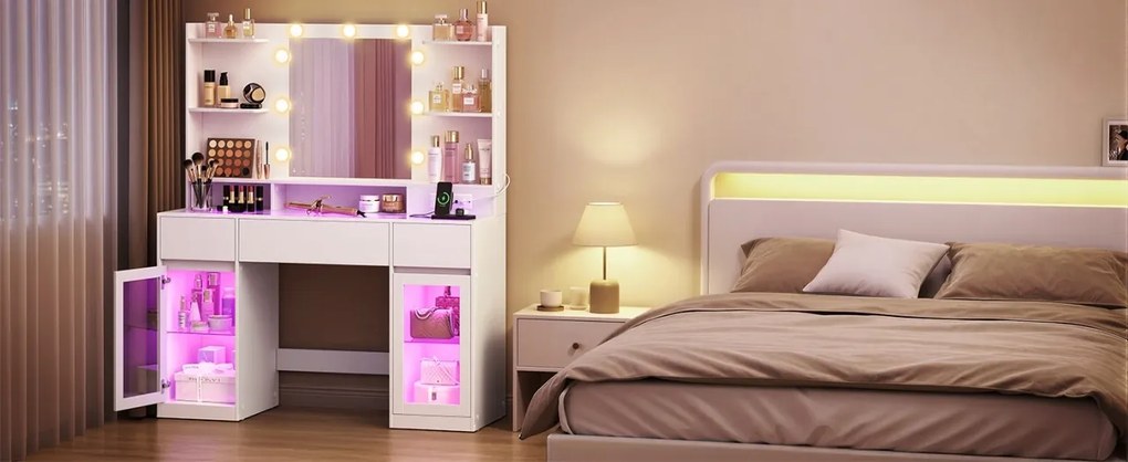 Masuta de machiaj 107 cm, cu Oglinda LED si 3 Sertare pentru Cosmetice, Set Masa toaleta Alba, masuta cosmetica, vanity cu dulapiore si rafturi -