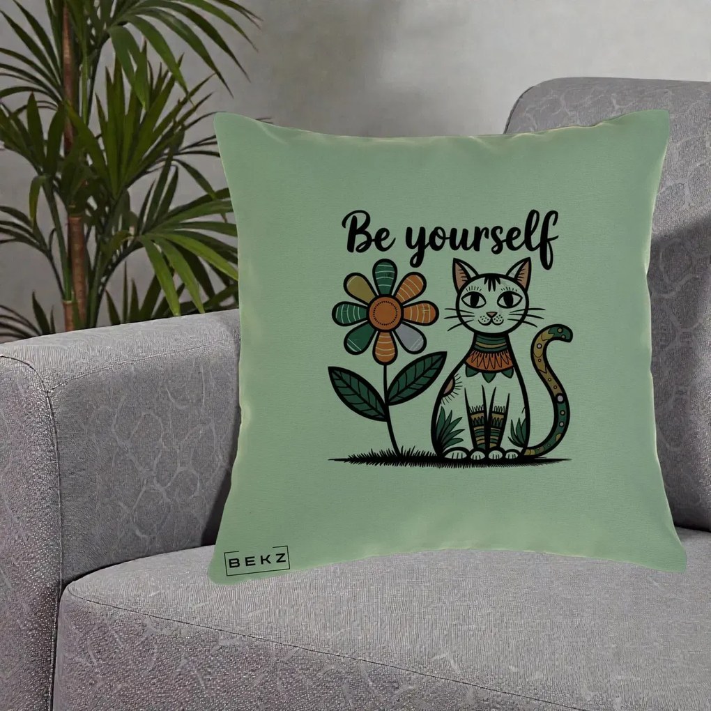 Perna Personalizata Be Yourself Pisica Folk, 40x40 cm, Verde, Husa Detasabila, Perna Inclusa, BEKZ®