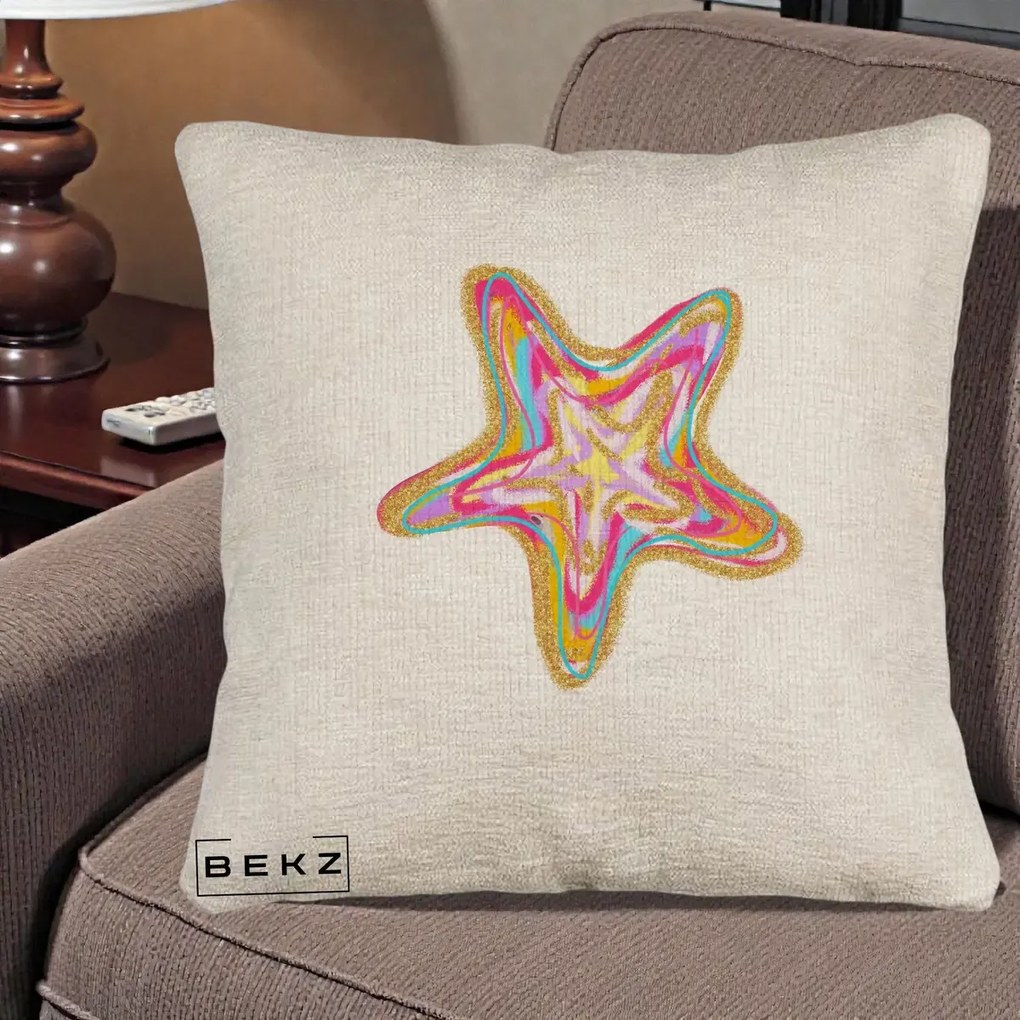 Perna decorativa Stea de Mare Colorata Psiheledic, 40x40 cm cu Umplutura, Bej Canapea, BEKZ
