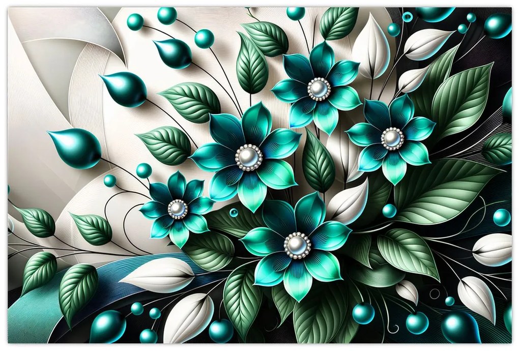 Tablou - Flori turcoaz 3D (90x60 cm)