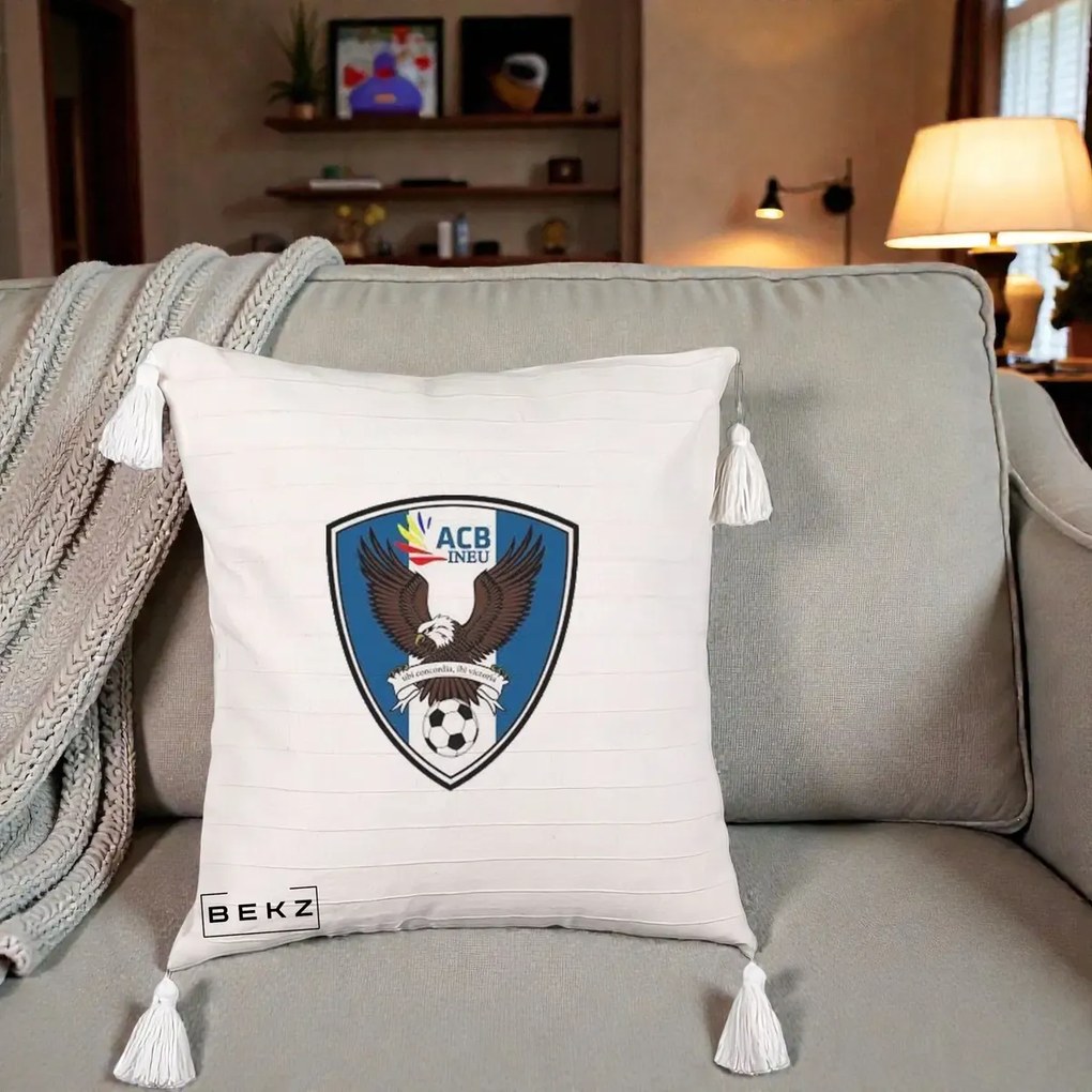 Perna Personalizata ACB Ineu Fotbal, 40x40 cm, Bej cu Franjuri, Husa Detasabila, Perna Inclusa, BEKZ®