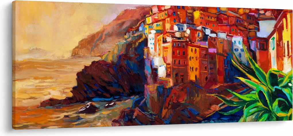Tablou - Satul de coastă Cinque Terre, Riviera italiană, impresionismul modern (120x50 cm)