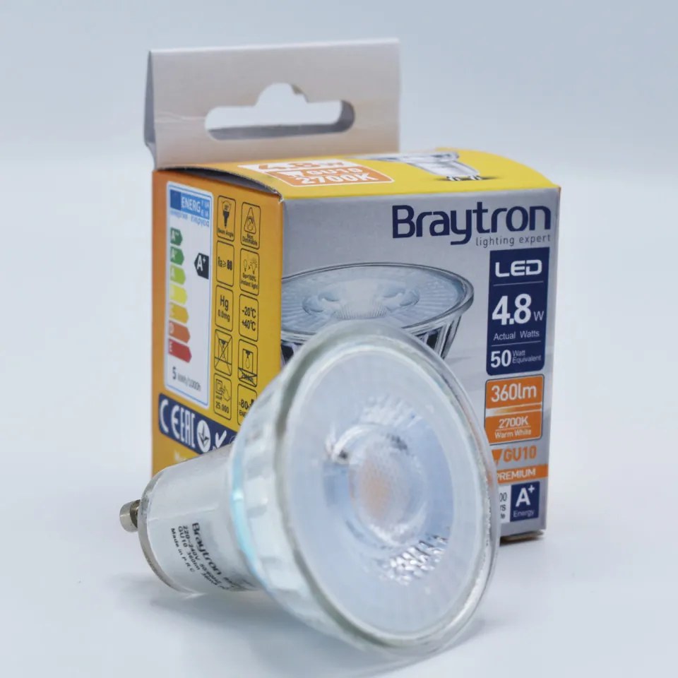 Bec LED Braytron, 4.8W(50W), GU10, 350 lm, lumina calda (2700K), semitransparent, clasa energetica F