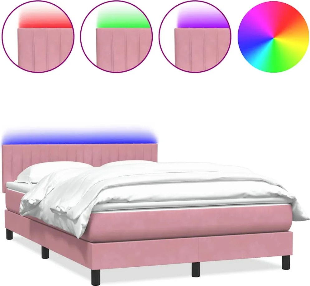 vidaXL Pat cu arcuri cu saltea și LED, roz, 160x210 cm, catifea