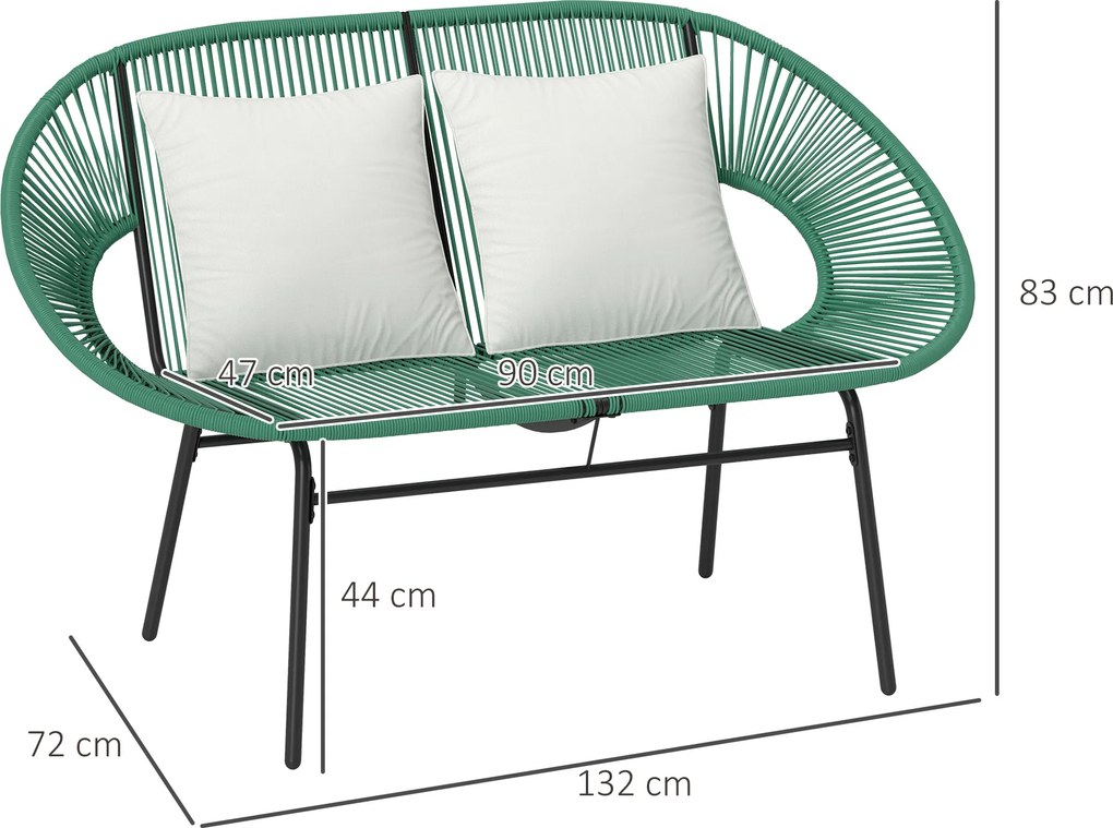 Outsunny Bancă de Grădină 2 Locuri din Răchită PE, Canapea de Exterior cu Perne, Cotiere și Cadru din Oțel, Bancă pentru Terasă și Curte, 132x72x83 cm, Verde Închis | Aosom Romania
