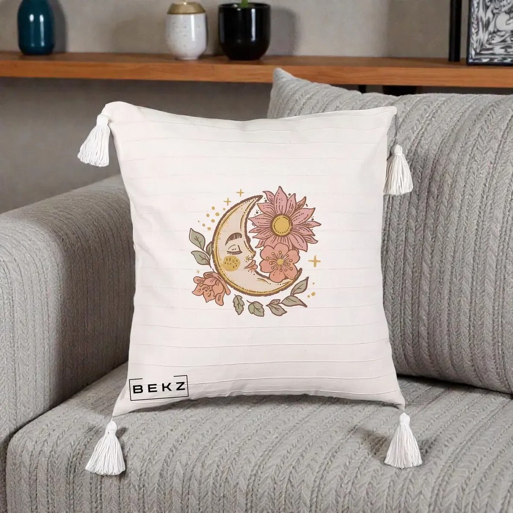 Perna Personalizata Luna Boho Chip Floral, 40x40 cm, Bej cu Franjuri, Husa Detasabila, Perna Inclusa, BEKZ®