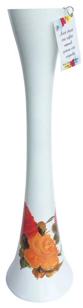 Vaza Funio, sticla pictata, alba, model trandafiri, H 50 cm