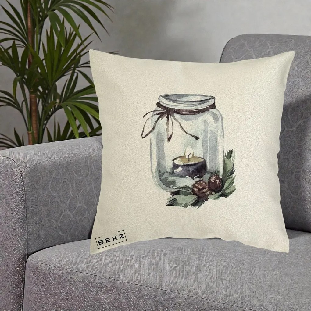 Perna Decorativa Felinar cu Lumanare si Conuri, 40x40 cm, Ecru, Husa Detasabila, Perna Inclusa, BEKZ®
