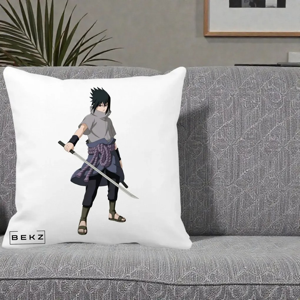 Perna Personalizata Naruto Sasuke Uchiha cu Sabia, 40x40 cm, Alba Mata, Husa Detasabila, Perna Inclusa, BEKZ®