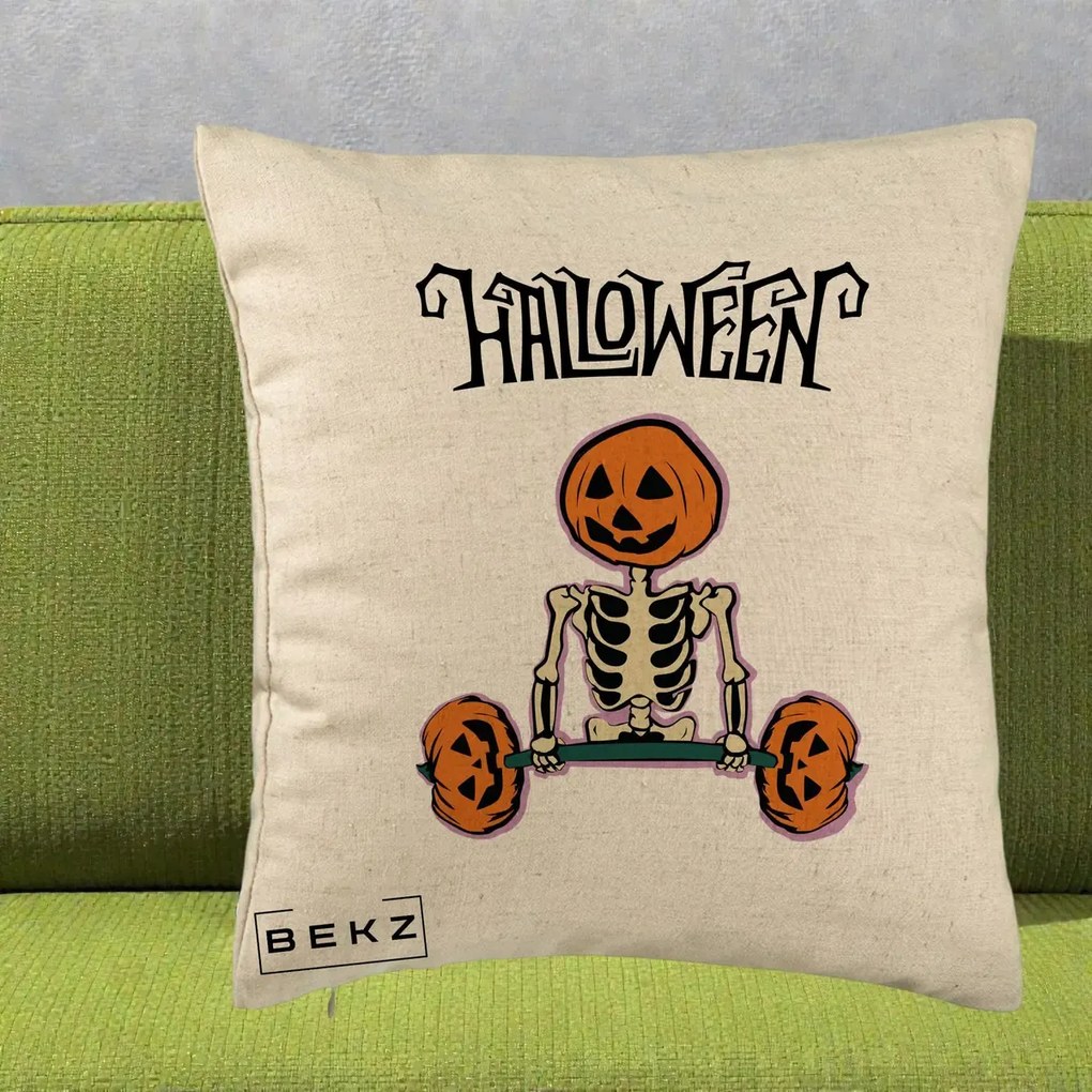 Perna Decorativa Halloween Schelet cu Cap de Dovleac Powerlifting, 40x40 cm, Bej, Husa Detasabila, Perna Inclusa, BEKZ®