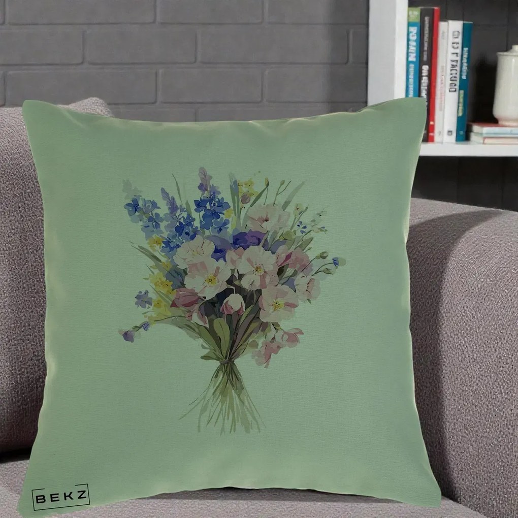 Perna Decorativa Buchet Floral Acuarela Primavara, 40x40 cm, Verde, Husa Detasabila, Perna Inclusa, BEKZ®