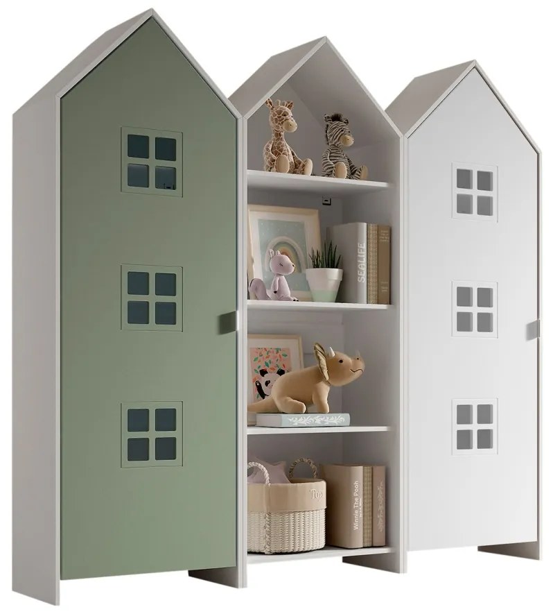 Set 3 dulapuri pentru copii Casami tip colibă de plajă – 1 deschis, 1 cu ușă verde intens și 1 cu ușă albă – Vipack
