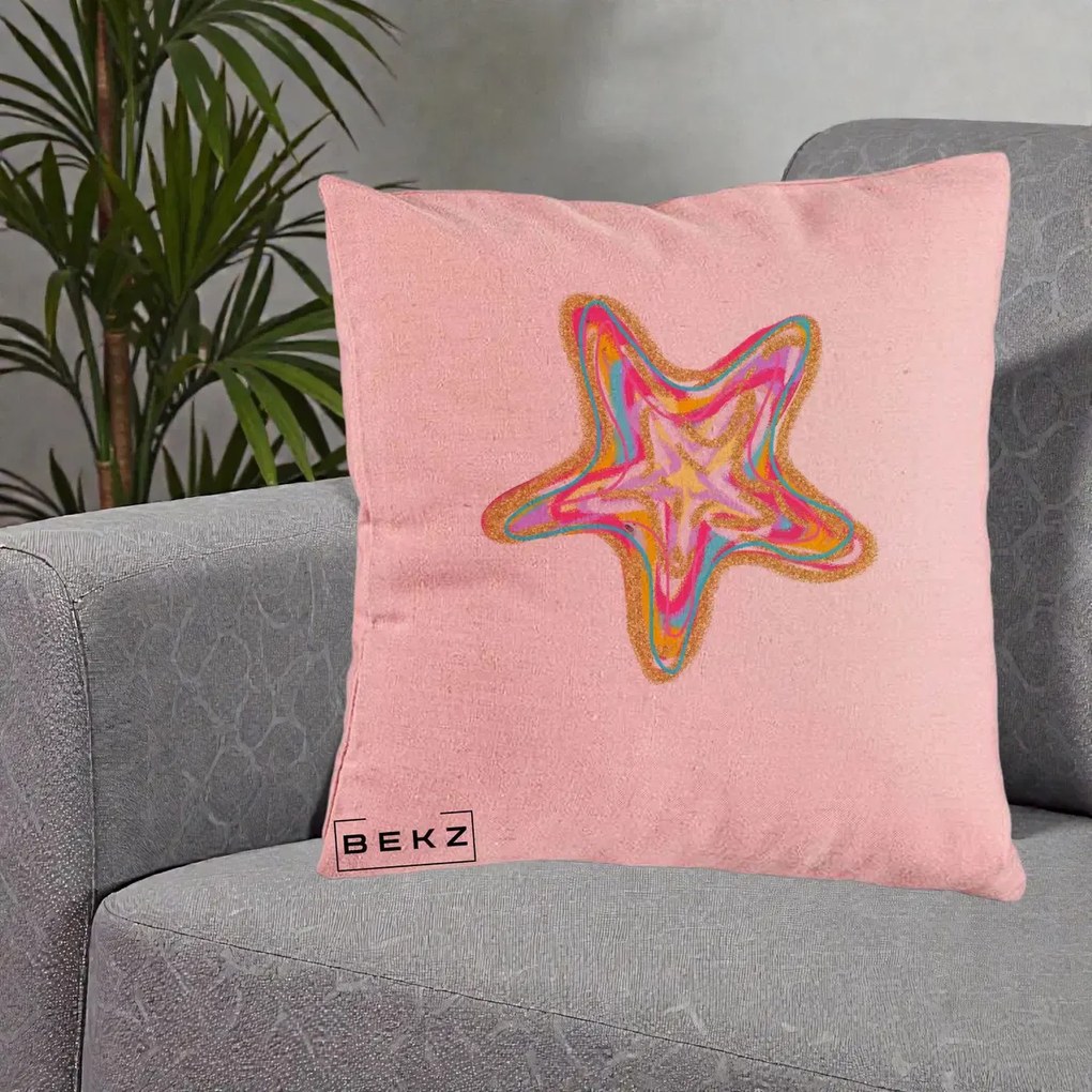 Perna Decorativa Stea de Mare Colorata Psiheledic, 40x40 cm, Roz, Husa Detasabila, Perna Inclusa, BEKZ®