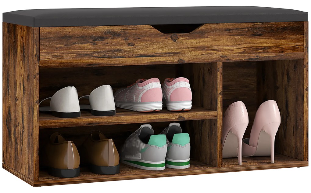 HOMCOM Mobilier pentru încălțăminte Bancă cu depozitare în 2 niveluri, nișă + compartiment integrat cu pernă, efect lemn de mahon | Aosom Romania