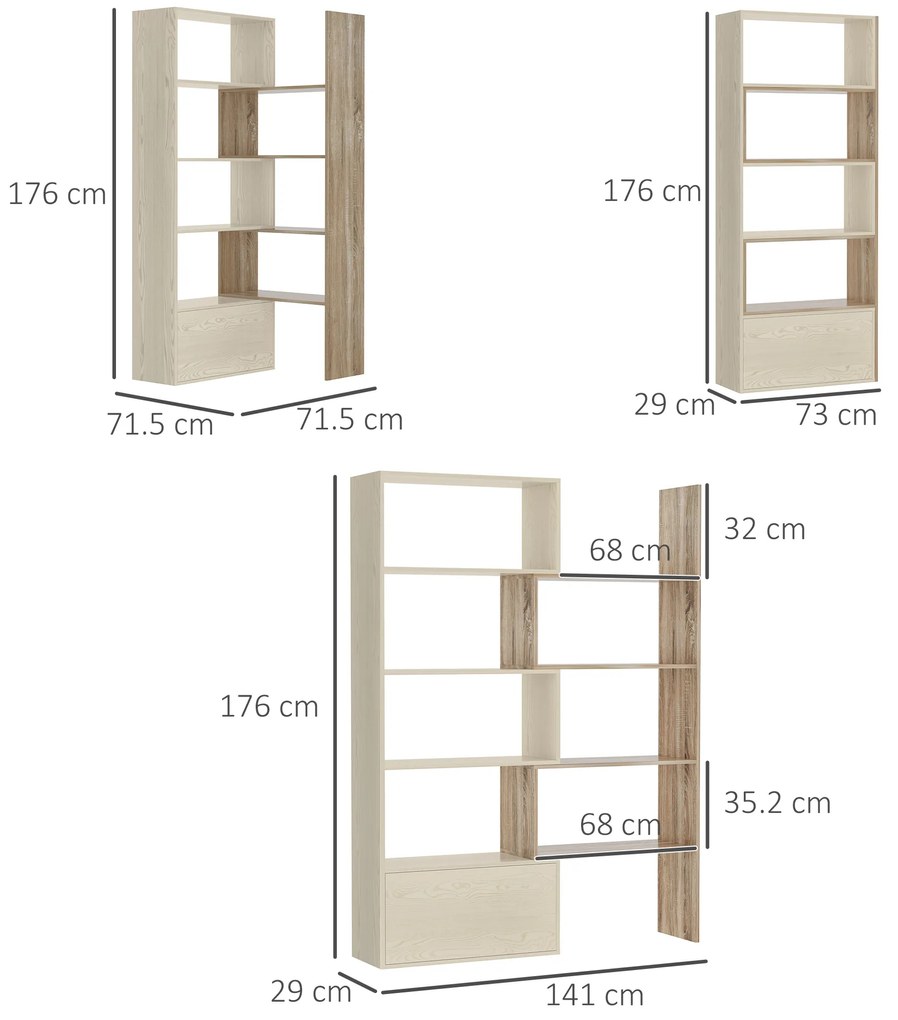 Librarie Rastel cu Rafturi pentru Salon in Lemn 141 x 29 x 176 cm Alb, Stejar HOMCOM | Aosom Romania