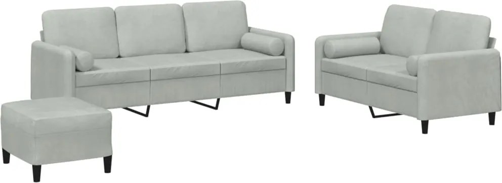 vidaXL Set de canapele, 3 piese, cu perne, gri deschis, catifea