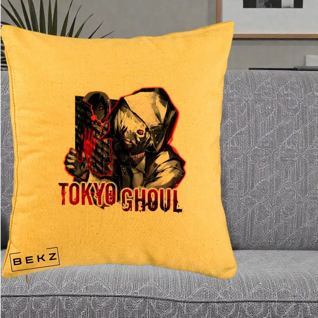 Perna Personalizata Tokyo Ghoul Ken Kaneki Anime, 40x40 cm, Galben, Husa Detasabila, Perna Inclusa, BEKZ®