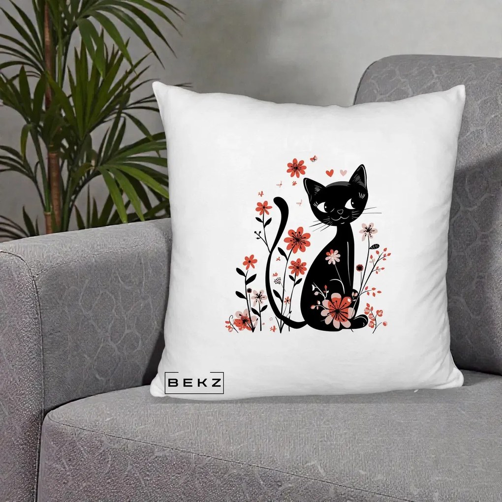 Perna Decorativa Pisica Neagra Flori Roz si Inimi, 40x40 cm, Alb Pufos, Husa Detasabila, Perna Inclusa, BEKZ®