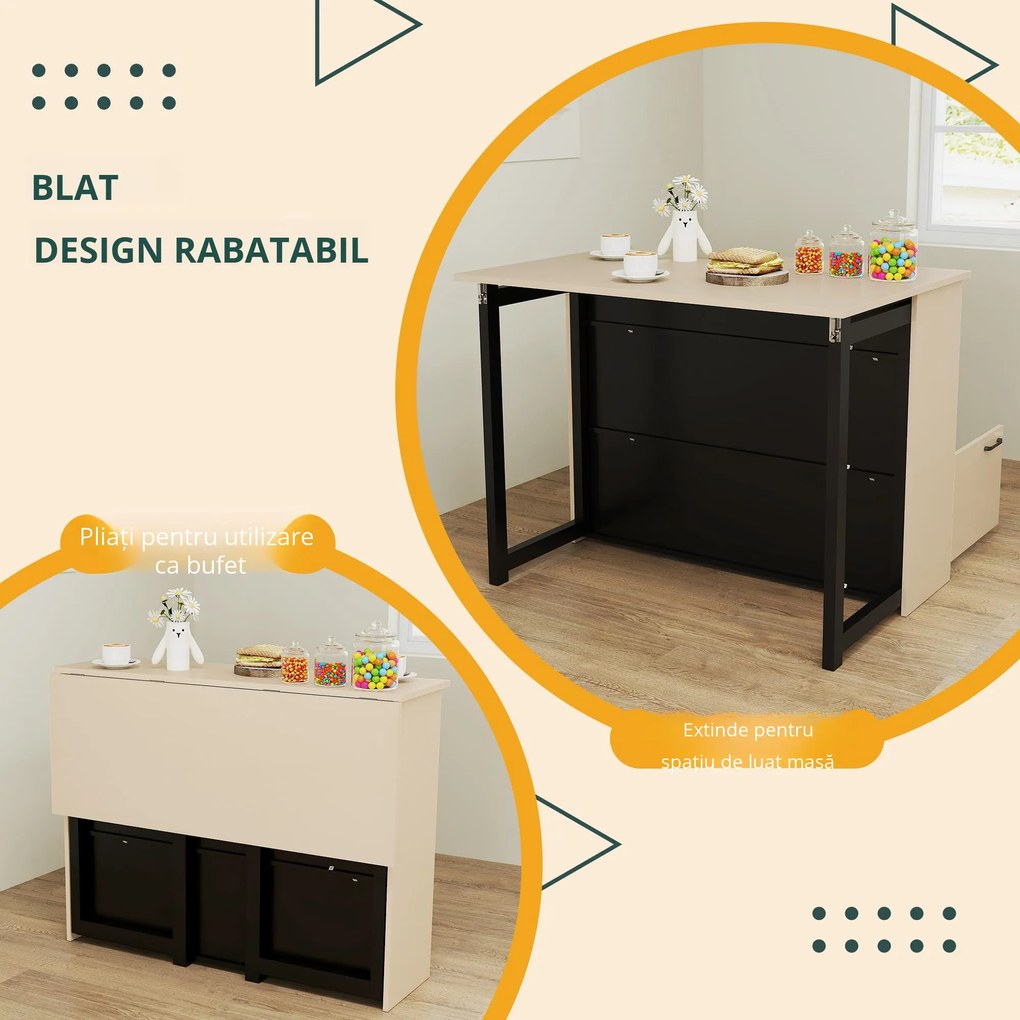 HOMCOM Set de bar 3 piese, Masă de bar cu placă pliabilă, 2 scaune de bar, 6 compartimente de stocare, negru+stejar, 116 x 70 x 89,5 cm | Aosom Romania