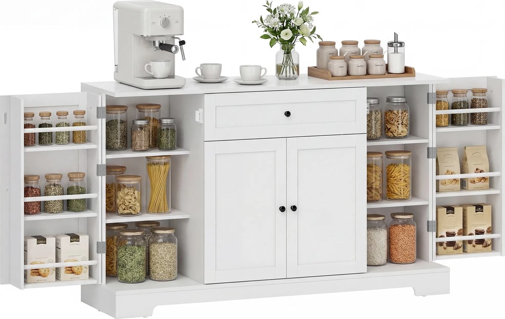 HOMCOM Bufet bucătărie, mobilier de depozitare cu sertar, 4 uși cu închidere silențioasă, rack-uri pe ușă și rafturi reglabile, alb | Aosom Romania