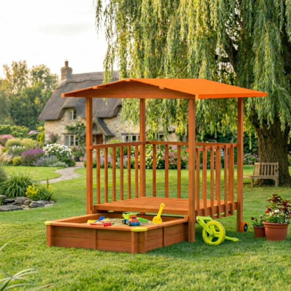 Groapa cu nisip cu verandă SUNNY, 130x130x143cm, maro/portocalie Jurhan