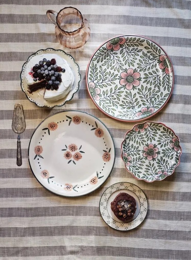 Platou pe picior din ceramică pictată manual, Ø 25 x H 9 cm, alb, „Melina"