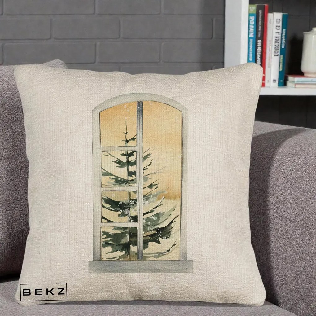 Perna Decorativa Fereastra cu Brad de Iarna, 40x40 cm, Bej Canapea, Husa Detasabila, Perna Inclusa, BEKZ®