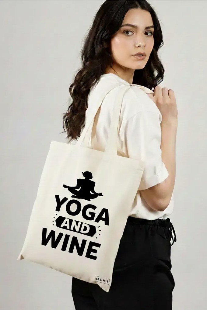 Sacosa de Panza pentru Cumparaturi, Geanta Tote Yoga and Wine, 38x34.5 cm, Alba, BEKZ®