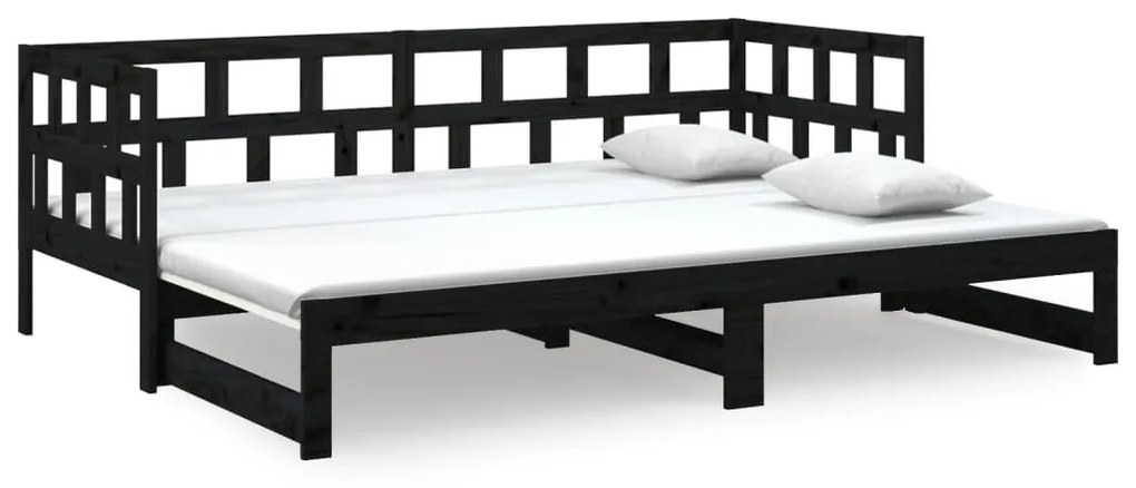 820231 vidaXL Pat extensibil de zi, negru, 2x(80x200) cm, lemn masiv pin