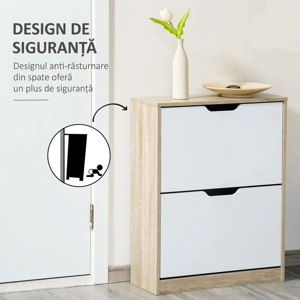 HOMCOM Dulap pantofi cu 2 Sertare Rabatabile, 8 Perechi, cu un Dispozitiv Anti-Răsturnare, Design Compact, 62,5x26x81 cm, Natural | Aosom Romania