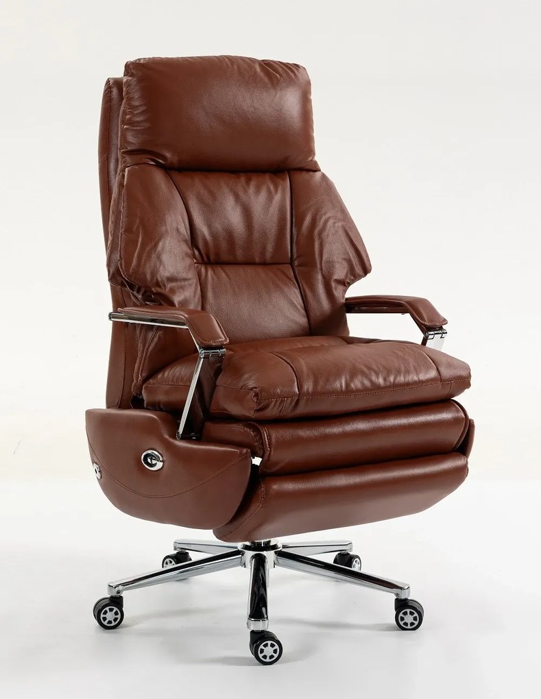 ELITE RECLINER SC1– Scaun Executiv Premium din Piele Naturală, Reclinabil electric, 2 Motoare, Suport pentru Picioare, Maro Inchis