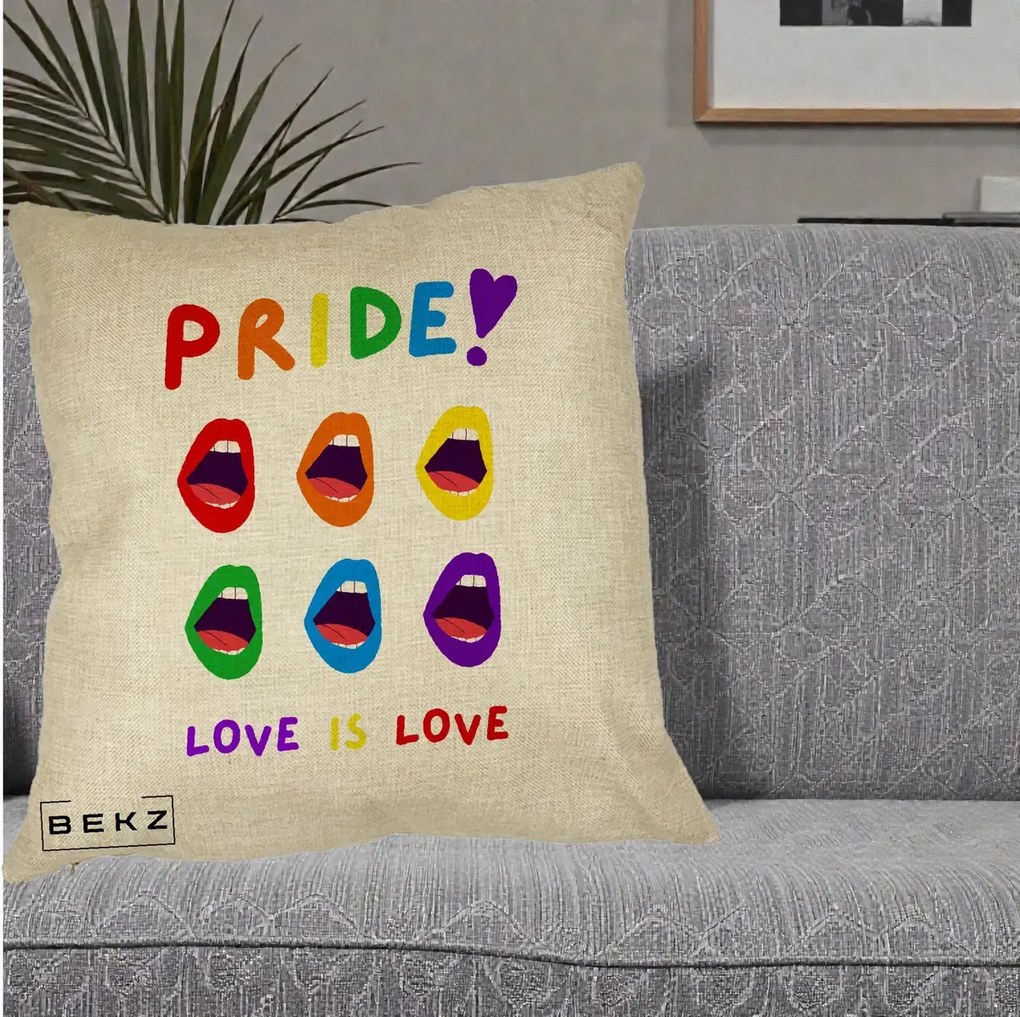 Perna Personalizata Pride Love is Love Curcubeu, 40x40 cm, Crem, Husa Detasabila, Perna Inclusa, BEKZ®