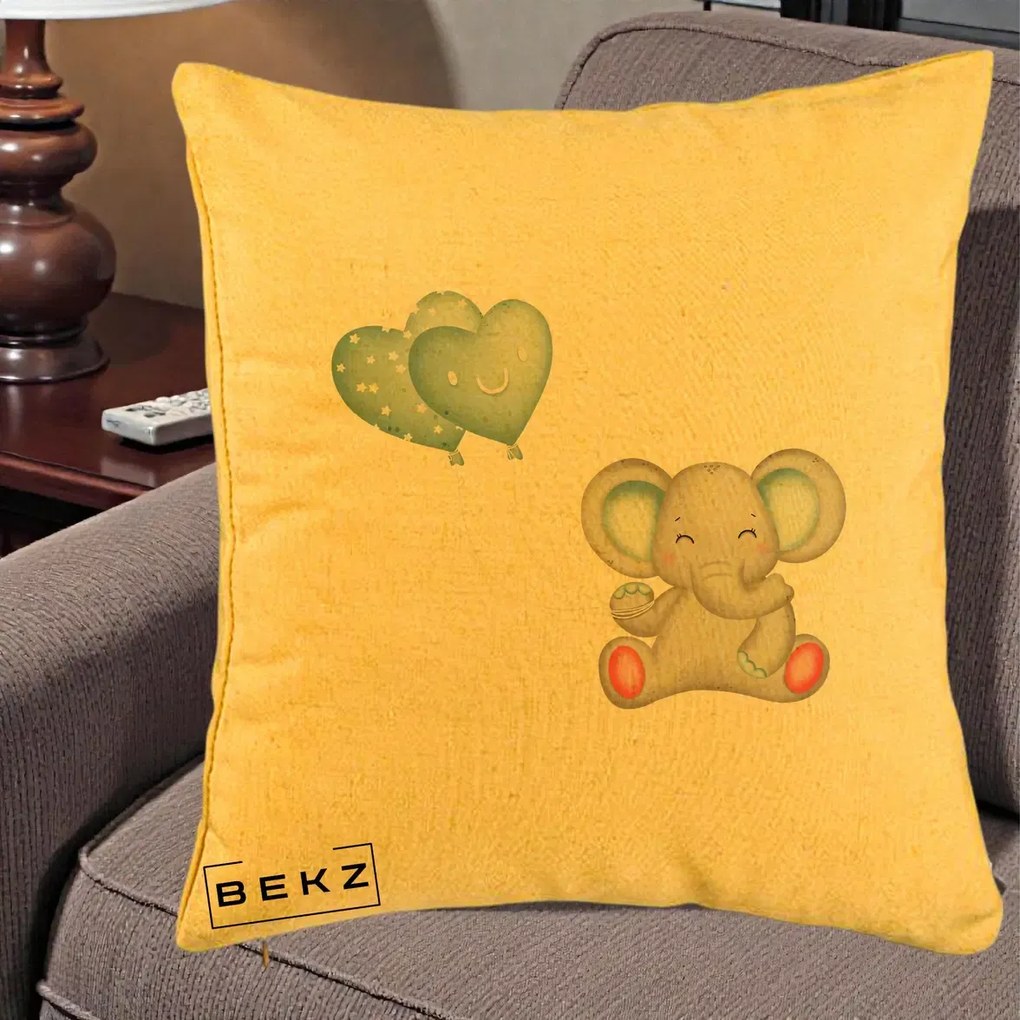 Perna Decorativa, Model Elefant si baloane in forma de inimioare, 40x40 cm, Galben, Husa Detasabila, Perna Inclusa, BEKZ®
