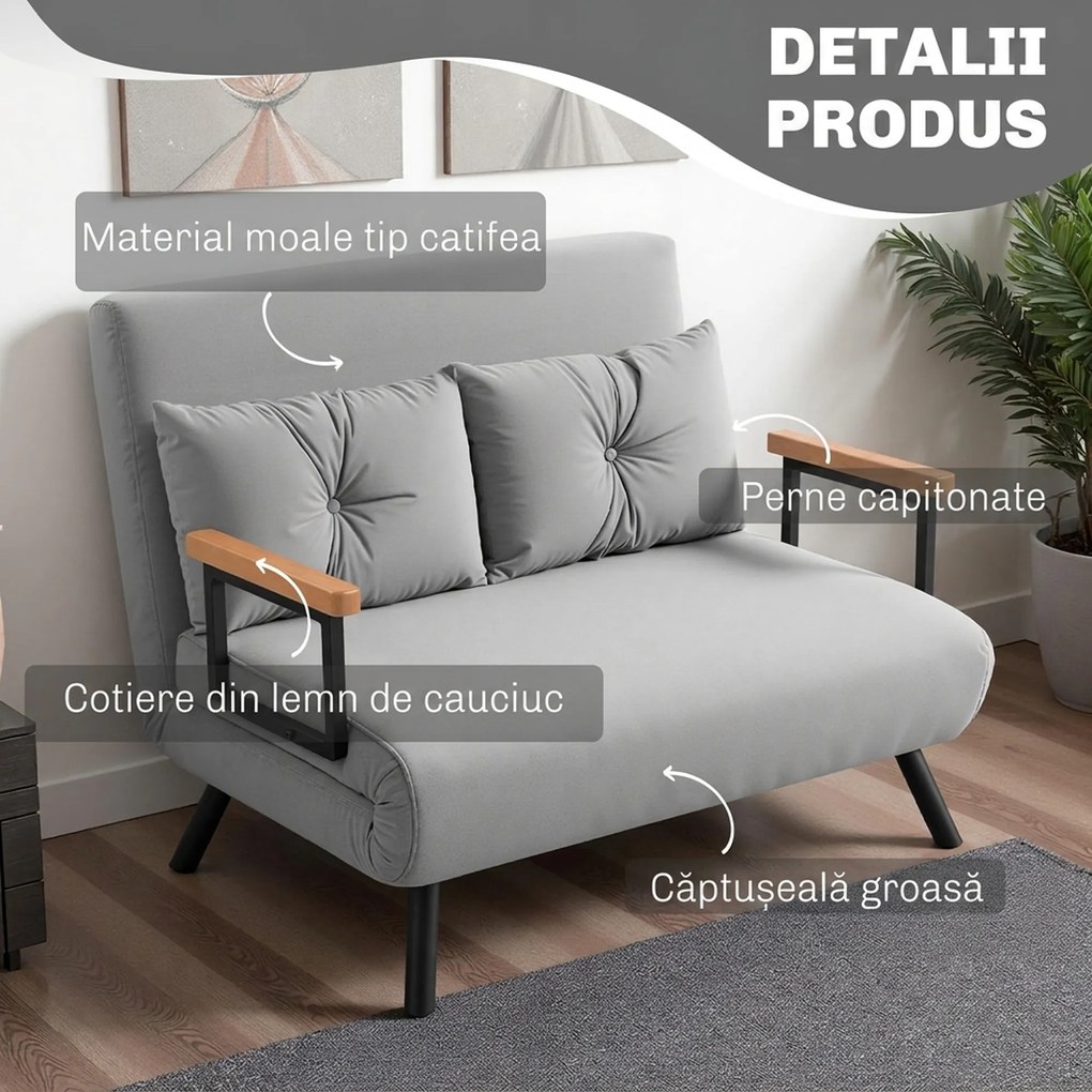 HOMCOM Canapea Extensibilă Cu Aspect Catifelat și Spătar Reglabil, Gri Deschis | Aosom Romania