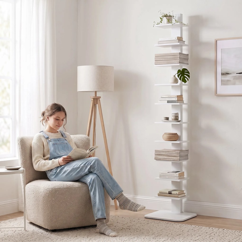 HOMCOM Bibliotecă Verticală cu 11 Rafturi, Structură din Oțel, Economie Spațiu, 34,5x41,5x163,5 cm, Alb | Aosom Romania