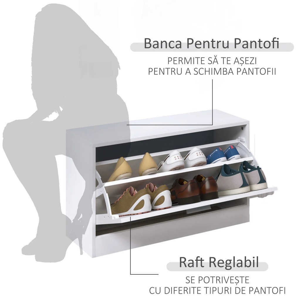 HOMCOM Set 3 Piese Suport pantofi Suport haine Oglinda pentru Hol sau Dormitor, din Lemn, 80x27x46,5cm, Alb | Aosom Romania