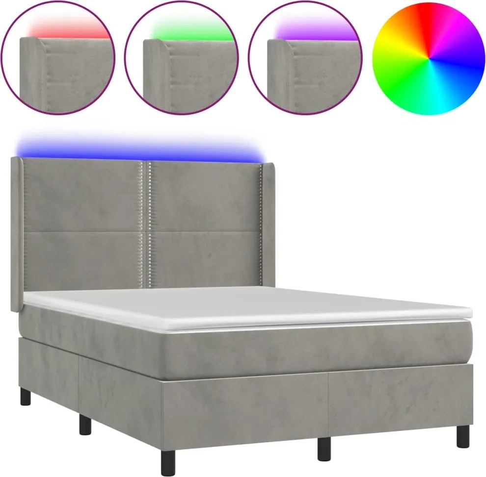 vidaXL Pat continental cu saltea și LED gri deschis 140x190 cm catifea